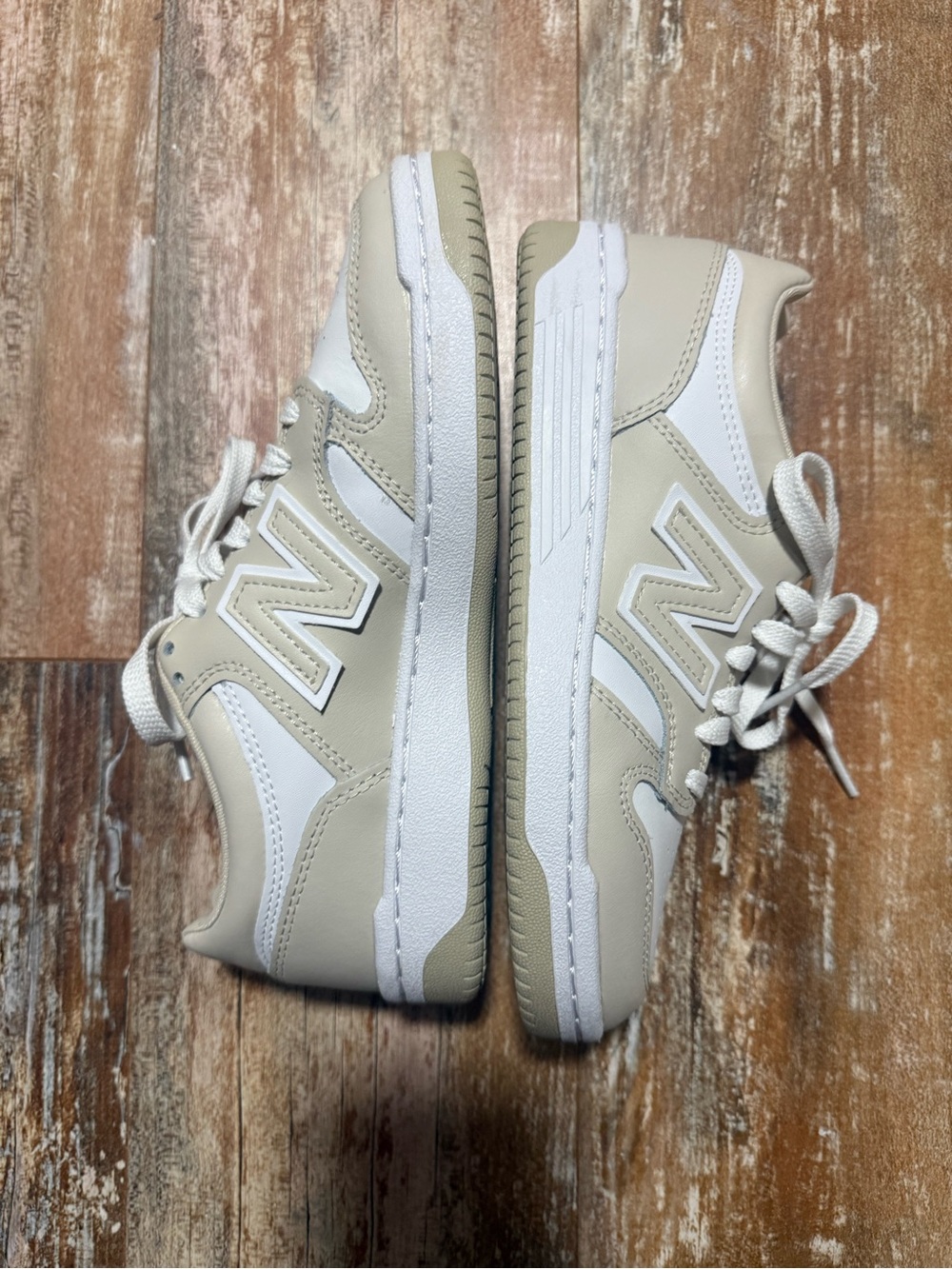 New Balance Beige and White Low-Top Sneakers